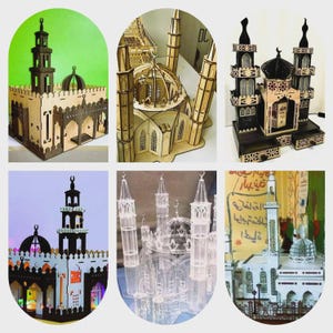 May include: A collection of intricately designed mosque models. The models are crafted from various materials, including wood and clear acrylic, and feature detailed architectural elements such as minarets, domes, and decorative patterns. Some models are illuminated with lights.