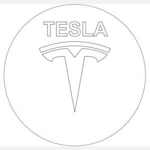 May include: A white circle with the word "TESLA" in block letters above a stylized "T" logo. The logo is a simple, geometric design with a vertical line extending from a horizontal bar.