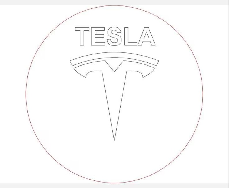 May include: A white circle with the word "TESLA" in block letters above a stylized "T" logo. The logo is a simple, geometric design with a vertical line extending from a horizontal bar.