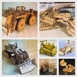 Puede incluir: Un collage de modelos de madera de vehículos de construcción, incluyendo excavadoras y cargadoras. Los vehículos están hechos de madera marrón claro con intrincados detalles recortados, mostrando las ruedas, cabinas y cucharas. Los modelos se muestran sobre un fondo neutro.