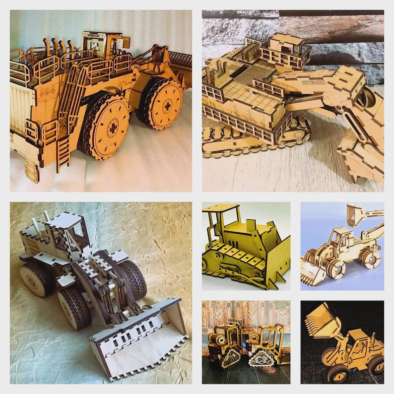 Op de afbeelding: Een collage van houten modellen van bouwmachines, waaronder bulldozers en laders. De voertuigen zijn gemaakt van lichtbruin hout met ingewikkelde uitgesneden details, die de wielen, cabines en bakken laten zien. De modellen worden tegen een neutrale achtergrond gepresenteerd.