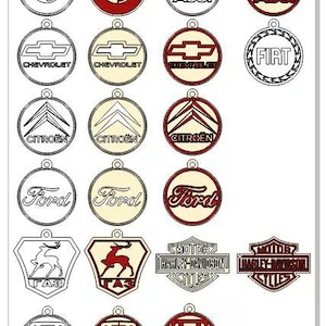 May include: A collection of car and motorcycle logo charms in various designs. Logos include BMW, Audi, Chevrolet, Citroen, Ford, Harley-Davidson, and Honda. The charms are in black, white, and red, with a small hole at the top for attachment.