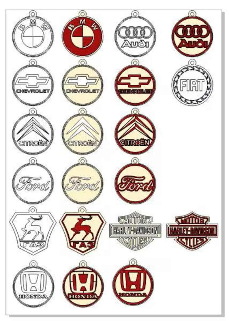 May include: A collection of car and motorcycle logo charms in various designs. Logos include BMW, Audi, Chevrolet, Citroen, Ford, Harley-Davidson, and Honda. The charms are in black, white, and red, with a small hole at the top for attachment.