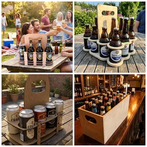 May include: Wooden beer carriers holding bottles and cans, perfect for outdoor gatherings. The carriers are made of light brown wood and are filled with various brands of beer. People are seen enjoying the beer at a picnic table in a park.