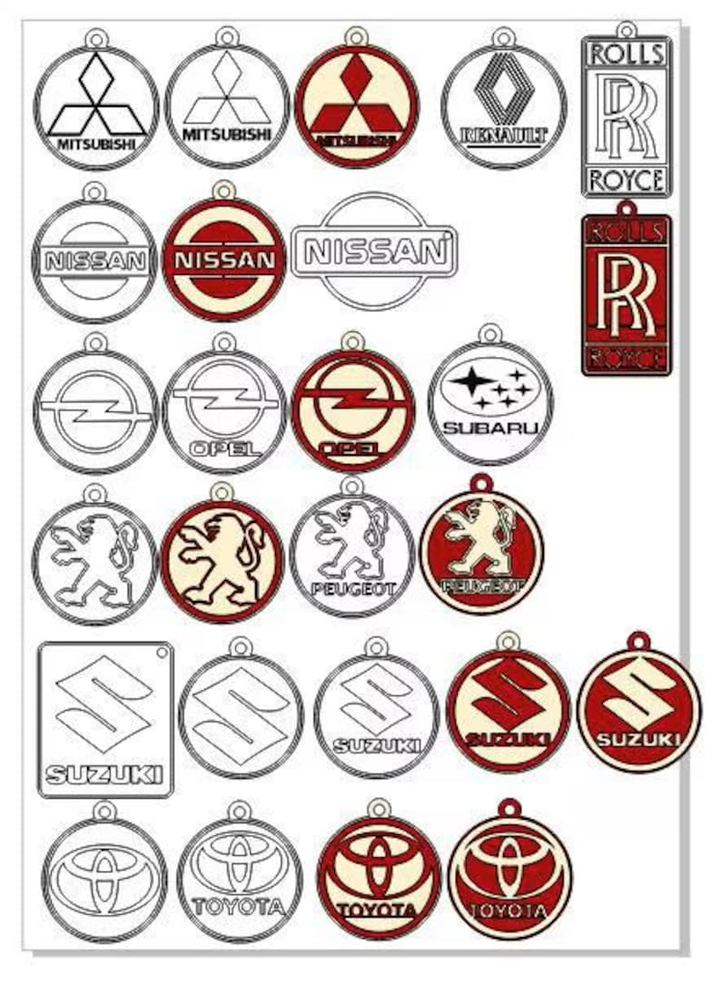 May include: A collection of car logo designs, including Mitsubishi, Nissan, Opel, Peugeot, Suzuki, Toyota, and Rolls Royce. The logos are in various styles, with red, white, and black color schemes. Each logo has a small hole at the top for hanging.