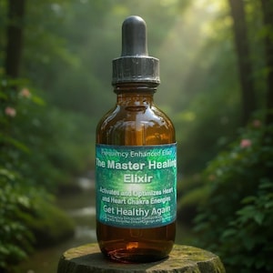 May include: A brown glass bottle with a dropper top, labeled "The Master Healing Elixir." The label is green and blue, with text that reads "Activates and Optimizes Heart and Heart Chakra Energies." The bottle is set against a blurred green background.