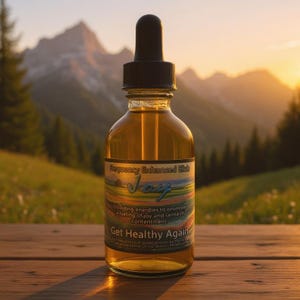 May include: A clear glass bottle with a black dropper filled with a golden liquid. The label reads "Frequency Enhanced Elixir Joy" and "Get Healthy Again". The bottle sits on a wooden surface with a mountain backdrop.