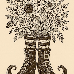 May include: An illustration of two flower pots filled with various flowers and foliage, resting on top of a pair of brown witch boots with buckles and curled toes. The image is in a vintage style with a cream-colored background.