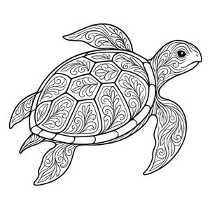 Puede incluir: Ilustración en blanco y negro de una tortuga marina. El caparazón de la tortuga presenta un diseño detallado y ornamentado con patrones arremolinados y motivos en forma de hojas. Las aletas y la cabeza también tienen intrincados dibujos lineales.