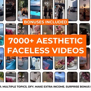Könnte beinhalten: Werbebild mit mehreren Smartphone-Bildschirmen, die ästhetische Inhalte zeigen. Der Text "BONUSES INCLUDED" und "7000+ AESTHETIC FACELESS VIDEOS" sind enthalten. Der Text unten lautet "PLR & MRR. MULTIPLE TOPICS. DFY. MAKE EXTRA INCOME. SURPRISE BONUS INCLUDED".