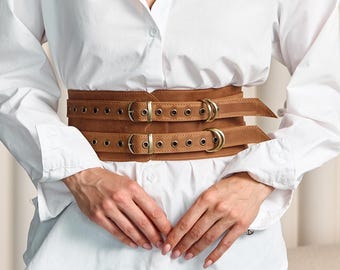 Cintura in pelle con doppia fibbia, Cintura corsetto in pelle taglie forti, Cintura larga in pelle da donna, Cintura in pelle fatta a mano, Cintura sottoseno