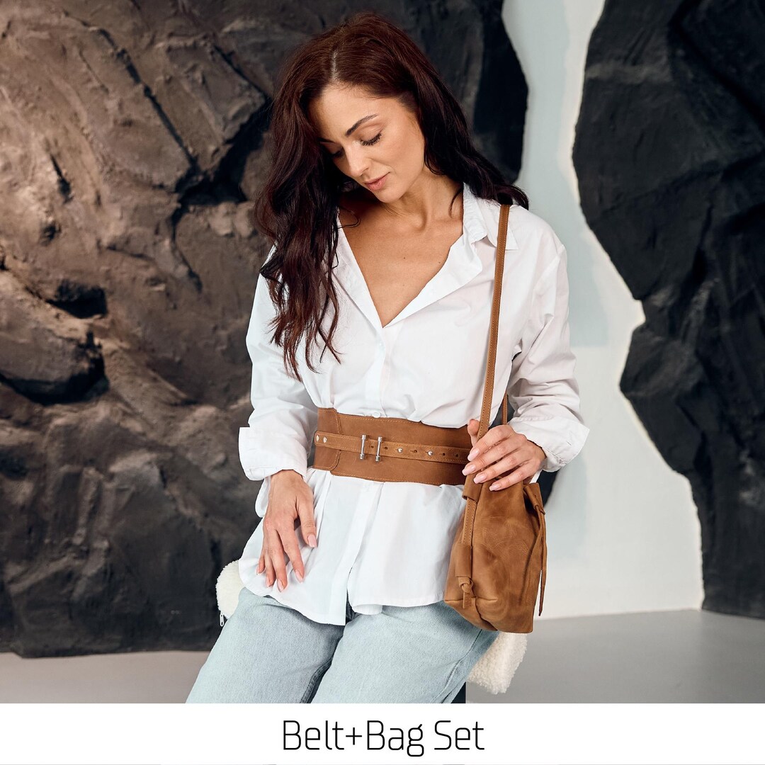 Leather Waist Belt and Bucket Bag Set, Leather Wide Belt Women