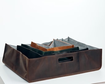 Leather home storage basket, Personalized storage baskets, Handmade leather basket, Leather storage bin, Custom storage basket for shelves