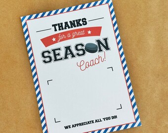 Presentkort för ishockeytränare | Utskrivbart 5x7 presentkort till hockeytränare | Tack för en fantastisk säsong, tränare | Present till en hockeytränare