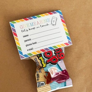 Cartões de encontro para o último dia de aula da Ring Pop com amigos, Cartão de encontro para brincar com a Ring para imprimir, Cartão de contato, Mantenha contato com a Ring Pop