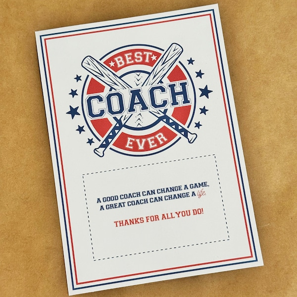 Best Coach Ever Gift Card | 5x7 Printable Gift Card for Coach | Baseball Coach Gift Card Holder | End of season gift for baseball coach