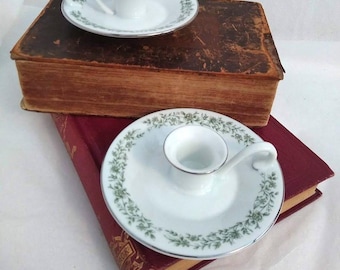 Chamberstick Mikasa G 9059 Fine China Japan Green Floral Silver Rim Set of 2