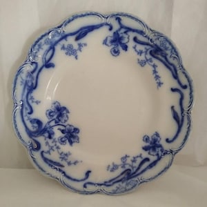 May include: White ceramic plate with a scalloped edge and blue floral pattern. The plate has a central white area with blue flowers and foliage around the rim. The blue design is detailed and elegant.