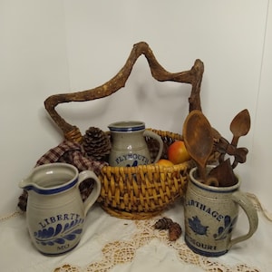 May include: A rustic still life featuring stoneware pitchers and mugs with blue accents. A woven basket holds fruit, and wooden spoons rest in a mug. The scene is set on a lace-trimmed cloth.