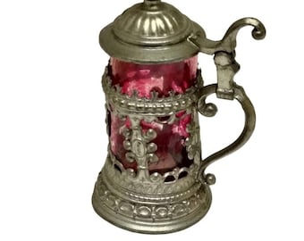 Vintage Rothenburg Germany Mini Beer Stein Souvenir Metal Pink Plastic Insert 2"