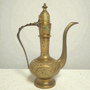 Indian Brass Ewer, Etched Aftaba Pitcher