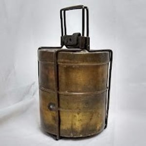 Vtg Upkar Indian Brass Tiffin Box 2 Tier Stackable Lunch Carrier Dabba Patina