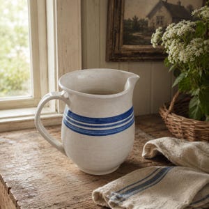 May include: A cream-colored ceramic pitcher featuring a rounded body, a curved handle, and a wide pouring spout. The exterior is decorated with three horizontal blue stripes encircling the midsection of the vessel, providing a simple contrast.