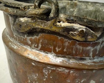 Antique Middle Eastern Ottoman Copper Cauldron Pot Ornate Brass Handle Planter
