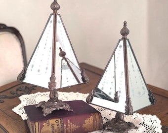 Etched Mirrored Pyramid Trees, Large 13" Matched Set Ornate Brass Style Bases