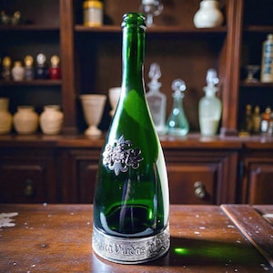 May include: A green glass bottle with a silver base and decorative emblem. The bottle is on a wooden surface, with a dark wooden cabinet in the background. The bottle has a long neck and a wide base.