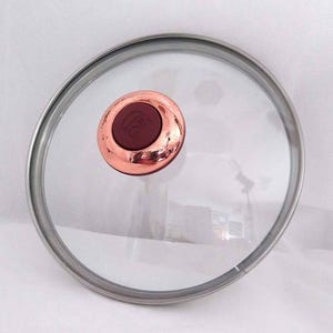 May include: A circular clear glass pot lid featuring a metallic silver rim and a central knob. The knob has a shiny copper-colored outer ring surrounding a dark maroon circular center, which displays a small embossed icon of a cooking pot.