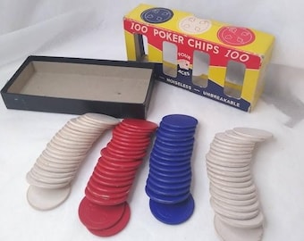 Fichas de póker vintage Four Aces en relieve, rojas, blancas y azules, silenciosas e irrompibles.