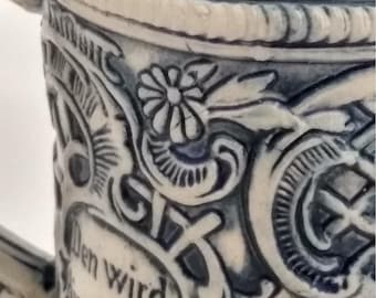 Vintage Thewalt Duitse bierpul Alt Grenzau 1894 kobaltblauw steengoed Krug
