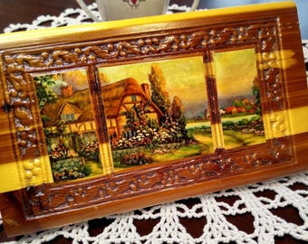 Cottage Cedar Box, Mirrored Interior, Gold Detail, Locking Wood Staging Decor
