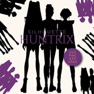 Puede incluir: Gráfico de silueta negra de tres figuras con el texto "SILHOUETTE HUNTRIX". La imagen incluye siluetas adicionales y un círculo morado con el texto "SVG PNG EPS JPEG". Las figuras están en una pose dinámica.