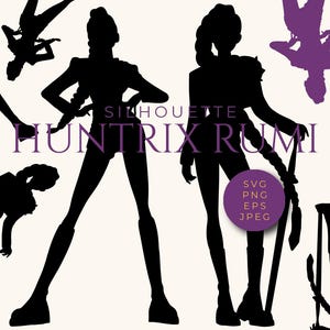 Peut inclure: Graphique de silhouette noire d'une femme dans diverses poses, avec le texte "SILHOUETTE HUNTRIX RUMI". Comprend un cercle violet avec le texte "SVG PNG EPS JPEG". Le fond est blanc cassé.