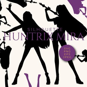 Puede incluir: Ilustraciones de siluetas negras de una mujer en varias poses de acción, sosteniendo un arma. El texto "SILHOUETTE HUNTRIX MIRA" se muestra en morado. También hay un círculo morado con el texto "SVG PNG EPS JPEG".