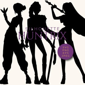 May include: Silhouette graphic of three figures in dynamic poses, all in black. The figures are holding weapons. The text "SILHOUETTE HUNTRIX" is in purple. A purple circle with "SVG PNG EPS JPEG" is also present.