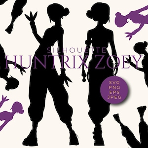 Puede incluir: Gráfico de silueta negra de una mujer con un atuendo elegante, con varias otras siluetas en morado y negro. El texto "SILHOUETTE HUNTRIX ZOEY" se muestra en morado. También hay un círculo morado con "SVG PNG EPS JPEG".