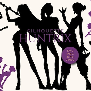 May include: Black silhouette graphic of three women in dynamic poses, with the word "SILHOUETTE HUNTRIX" in purple. A purple circle with "SVG PNG EPS JPEG" is in the lower right corner. Additional purple silhouettes are in the background.