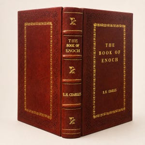 Puede incluir: Un libro de tapa dura de color rojo oscuro titulado The Book of Enoch por R.H. Charles. La portada y el lomo presentan letras doradas en relieve y bordes decorativos. El lomo tiene nervios con pequeños iconos florales dorados entre líneas.