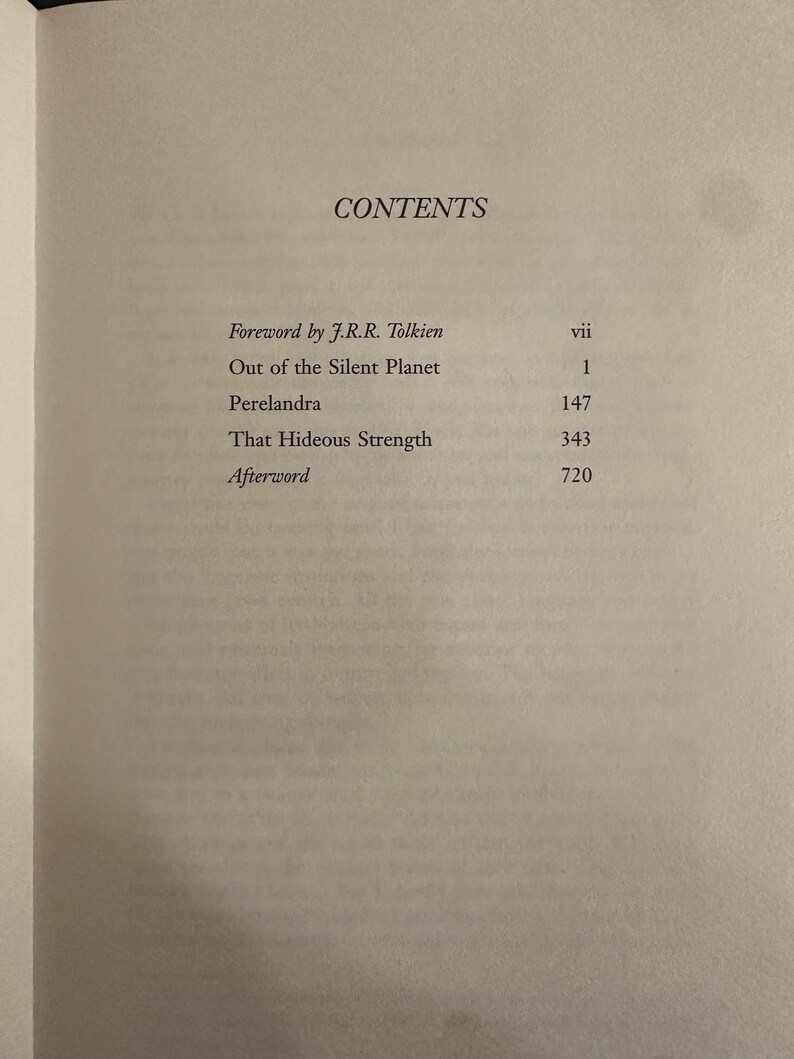 May include: A book's contents page, featuring the title "CONTENTS" at the top. The list includes "Foreword by J.R.R. Tolkien," "Out of the Silent Planet," "Perelandra," "That Hideous Strength," and "Afterword," each with a page number alongside.