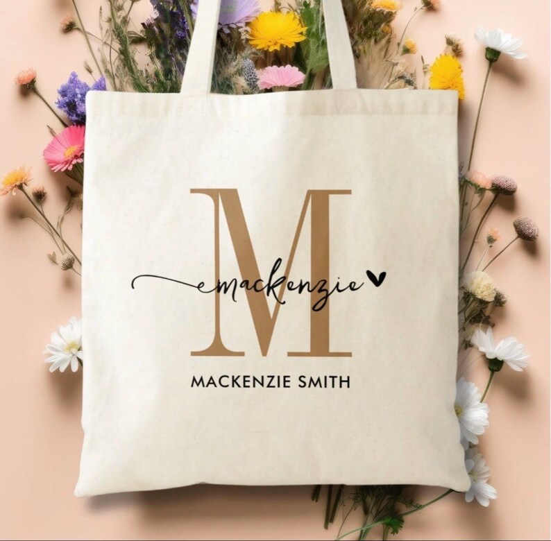 Pu&ograve; includere: Borsa tote color crema con una grande lettera "M" marrone e il nome "Mackenzie" in corsivo. Sotto, il nome "Mackenzie Smith" &egrave; stampato in un semplice font nero. La borsa &egrave; circondata da fiori colorati.