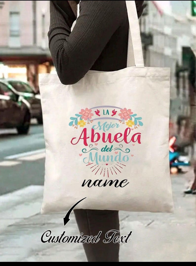 Pu&ograve; includere: Una borsa tote bianca con la scritta "LA Mejor Abuela del Mundo" in rosa e blu, con decorazioni floreali. La borsa presenta anche la parola "name" e "Customized Text" in nero.