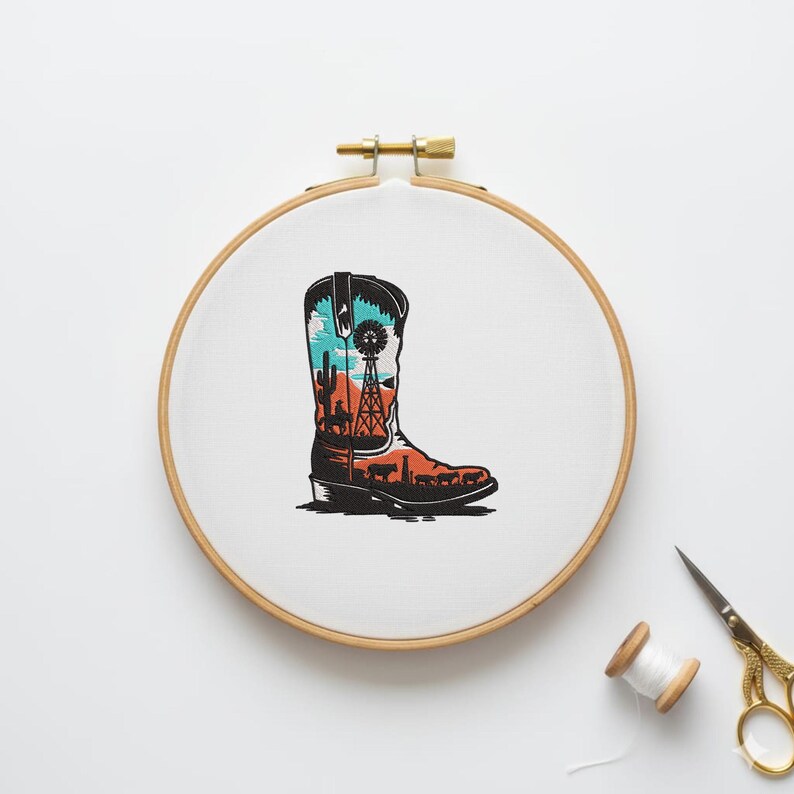 Cowboy Boot Machine Cowboy Boot Machine Embroidery Design - Desert Ranch Scene Downloadable ...