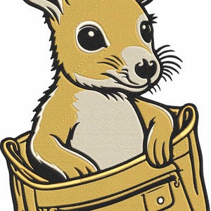May include: Embroidered patch featuring a cartoon kangaroo in a yellow pouch. The kangaroo has tan fur, black eyes, and large ears. The pouch is also yellow with a zipper and a small pocket. The patch is designed with a stitched look.