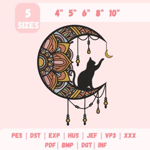 May include: A black cat silhouette reaching for a crescent moon, set within a decorative crescent moon design. The design includes a floral mandala and dangling beads. The image includes the text "5 SIZES" and size measurements in inches: 4", 5", 6", 8", 10".