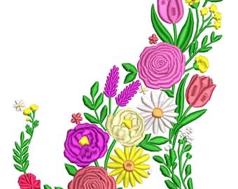 May include: Embroidered floral design featuring a stylized cat silhouette. The design incorporates various flowers in shades of pink, purple, yellow, and white, with green leaves. The flowers include roses, tulips, daisies, and other blossoms.