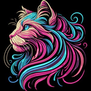 Peut inclure: Illustration colorée d'un chat de profil sur fond noir. La fourrure du chat est représentée par des lignes tourbillonnantes dans les tons rose, bleu et turquoise. Le chat a les yeux bleus et de longues moustaches.