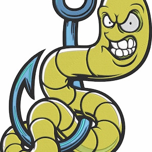 May include: A cartoon illustration of a yellow worm with an angry expression, set against a blue and black fishing hook. The worm has a wide grin, and the hook is curved. The design is outlined in black.